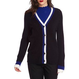 NWOT Court & Rowe Black Wool-Blend V-Neck Stripe Trim Cardigan Sweater